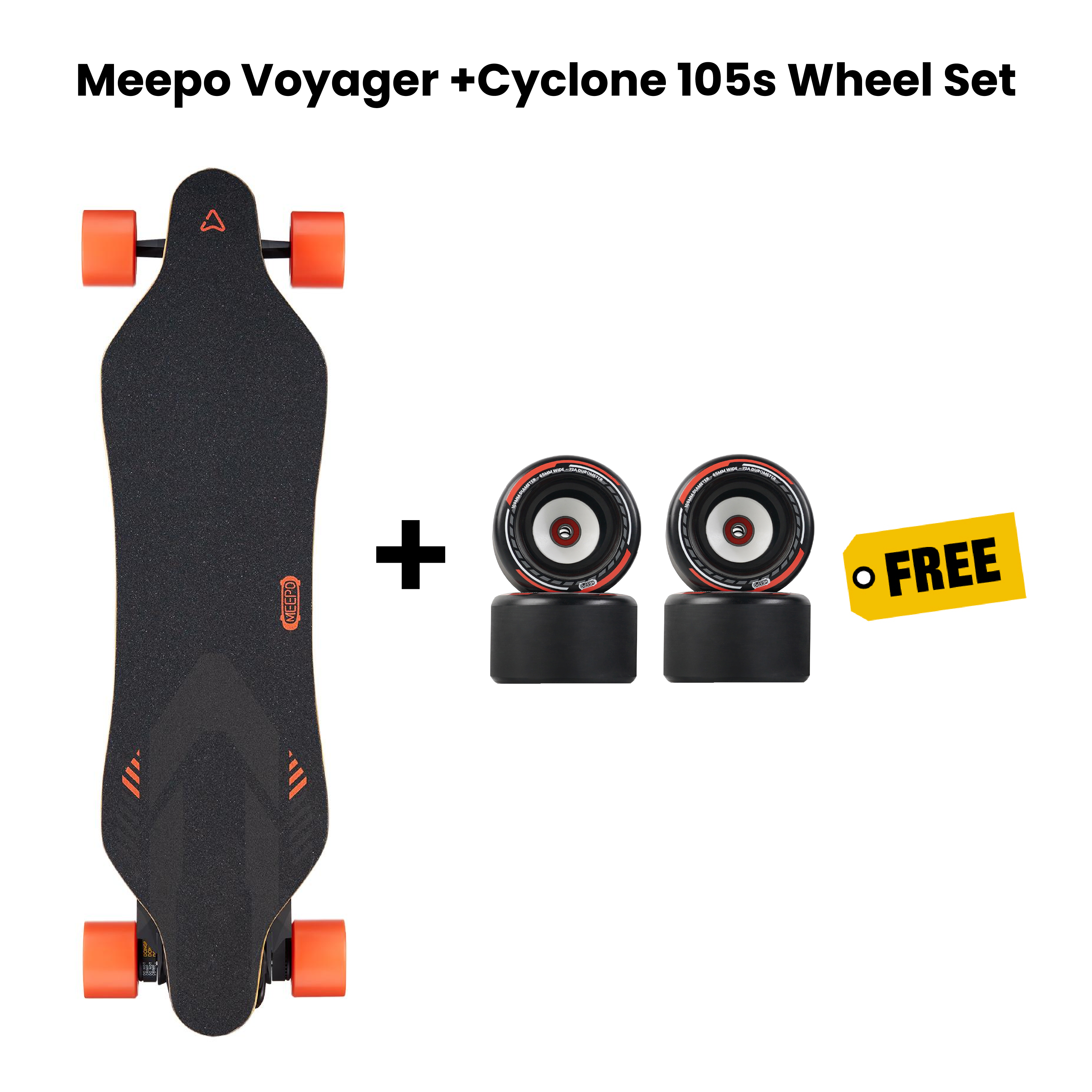 Meepo Voyager skateboard with Cyclone 105s wheels shown on a white background.