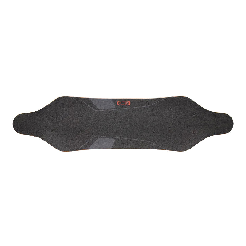 Top view of Meepo skateboard deck featuring textured grip and no logo