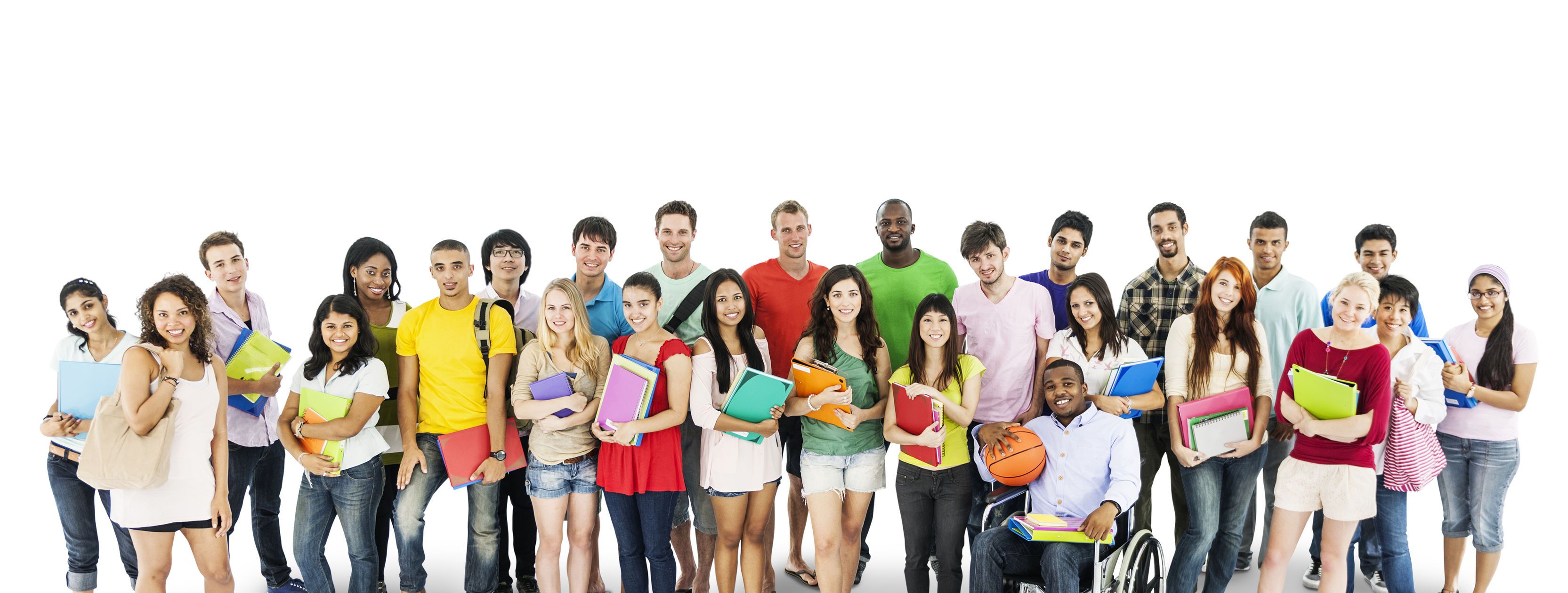 A group of people wearing colorful clothes are happily laughing.