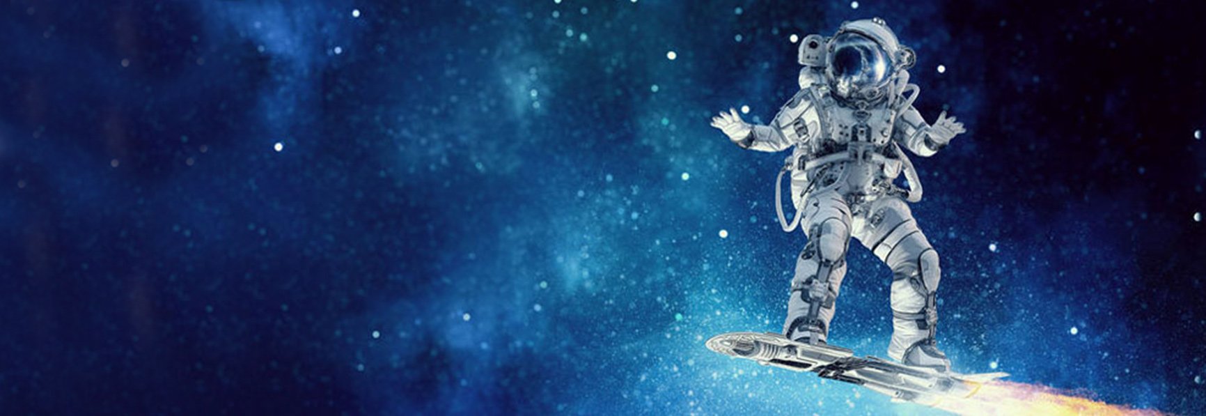 astronaut riding a board in space
