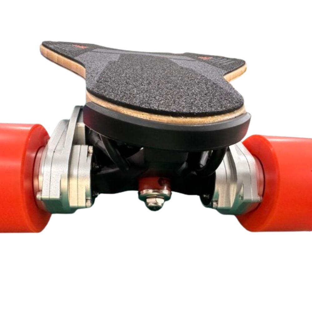 Meepo electric skateboard gear drive system close-up highlighting motor and truck components.