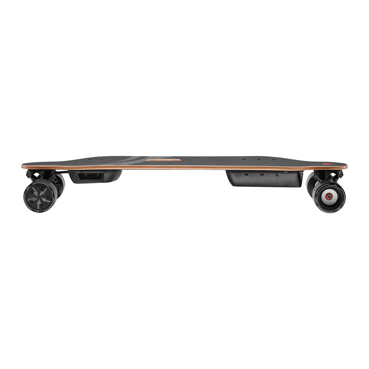Meepo Super V3S electric skateboard side view highlighting smooth profile and durable wheels.