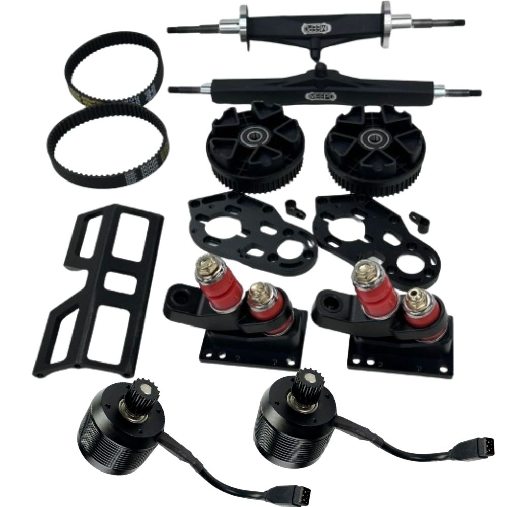 Electric skateboard upgrade kit including motors, wheels, and belts