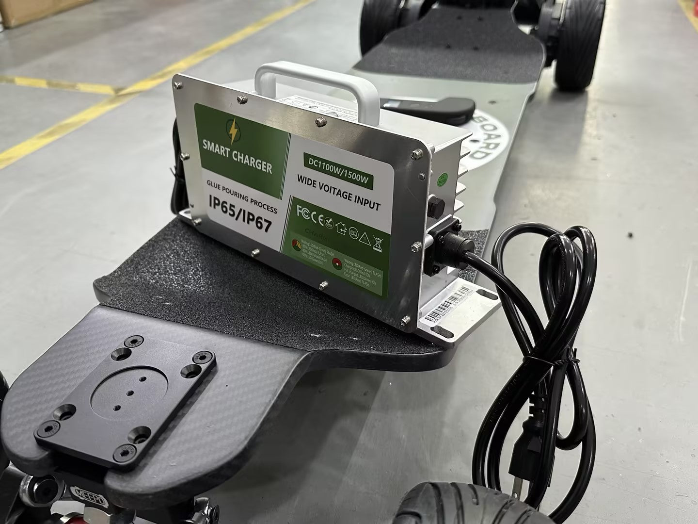 Meepo Board smart charger with detailed specifications and power cable connection.