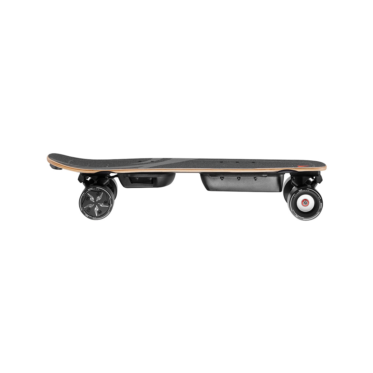 Side view of Meepo Atom electric skateboard showcasing its sleek design and dual motors.