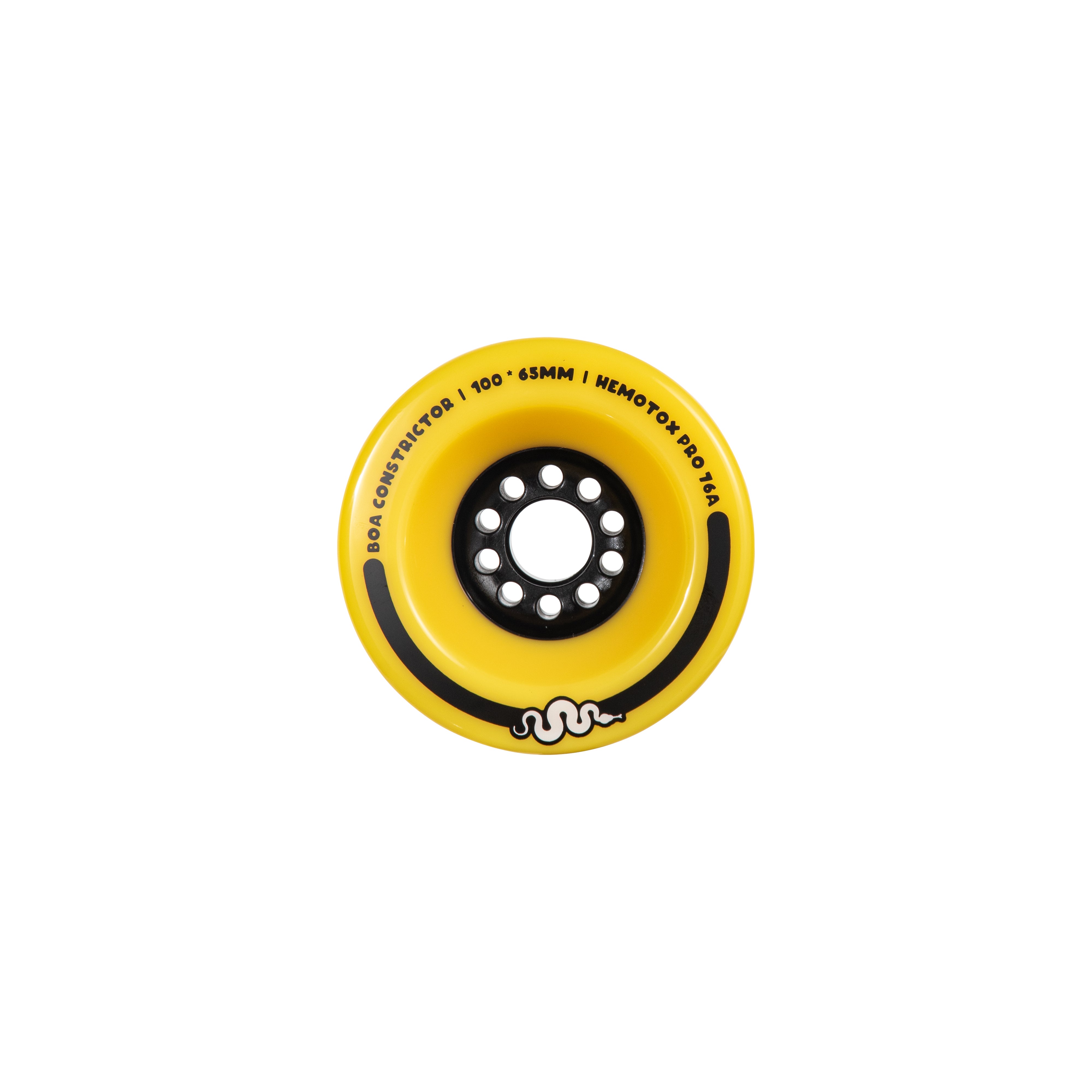 Yellow 100mm Boa Constrictor longboard wheel with black core and Hemotox Pro formula