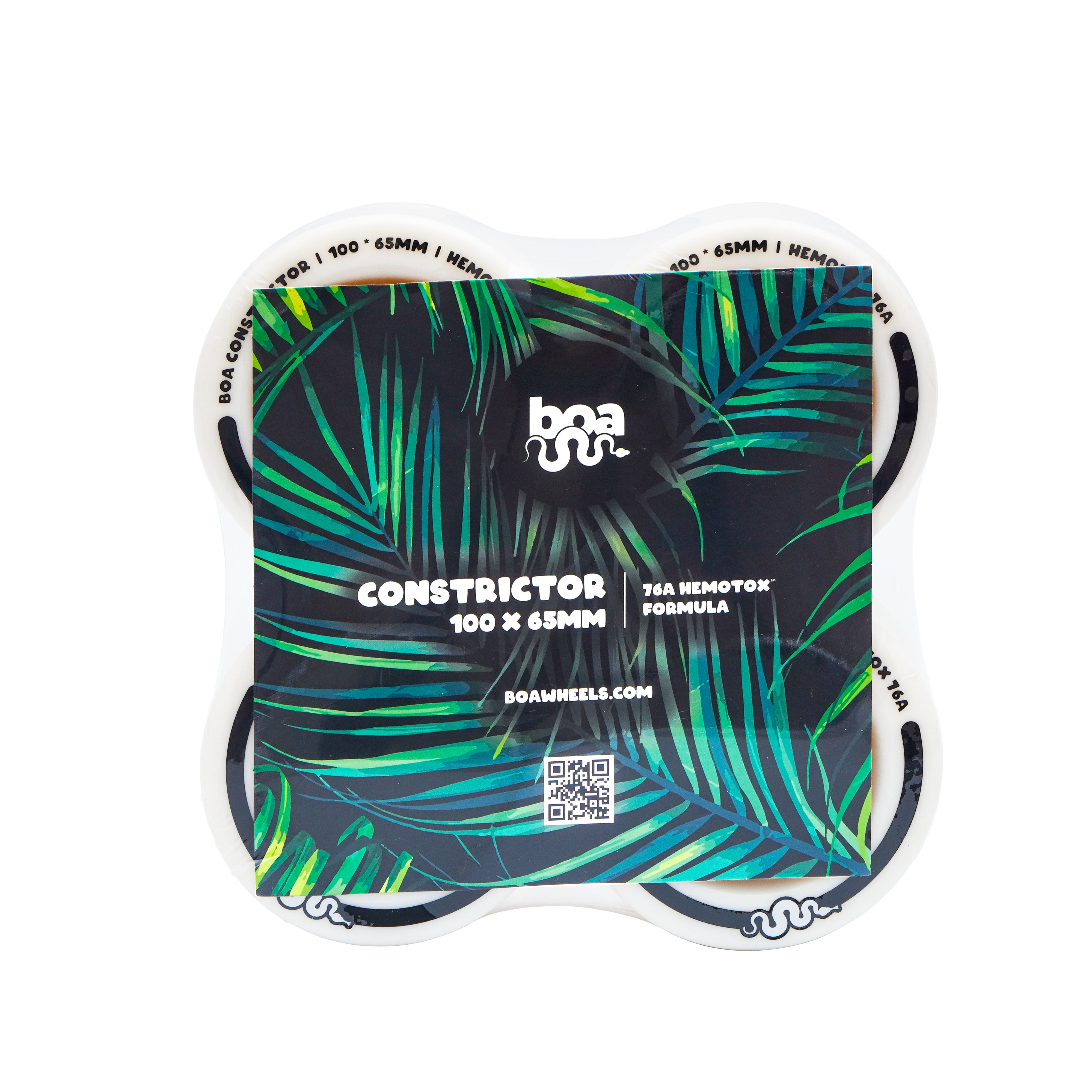 Boa Constrictor 100mm longboard wheels packaging with tropical leaves design.