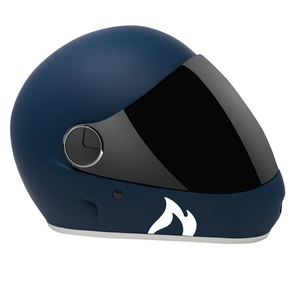 Navy DH6-Xe helmet with black visor and flame logo design
