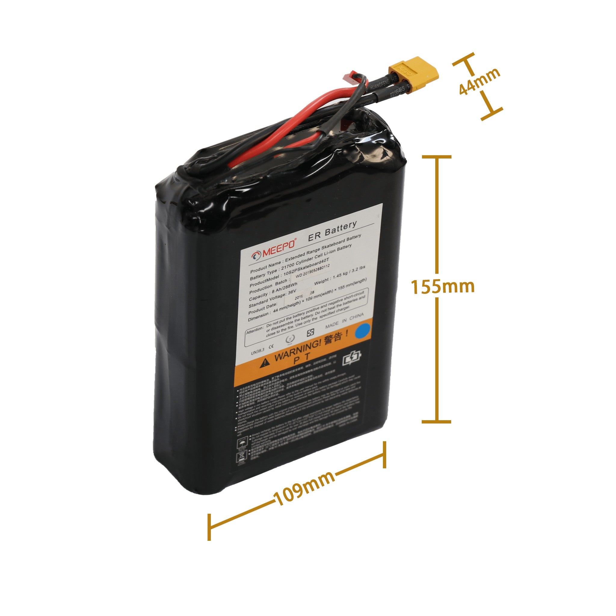 Meepo ER Battery Pack with dimensions 155x109x44mm and key specifications
