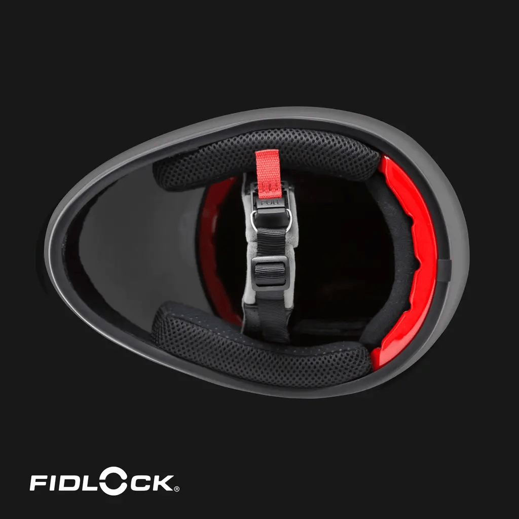 Top view of DH6-Xe helmet interior with Fidlock buckle and padding