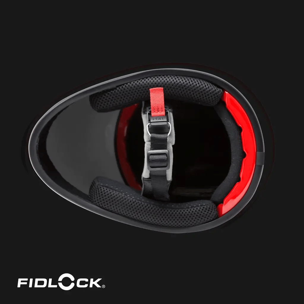 Top view of DH6-Xe helmet showcasing inner padding and Fidlock buckle