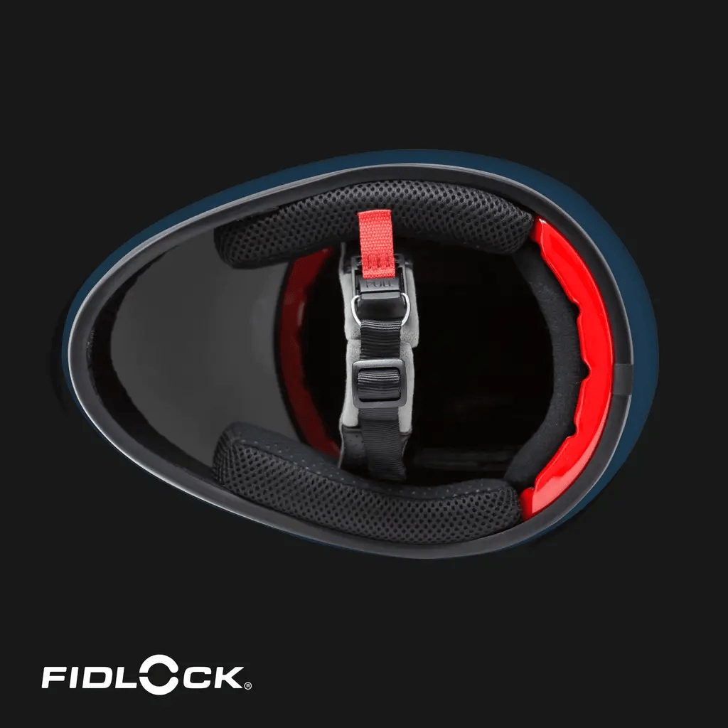 Top view of DH6-Xe helmet interior with red padding and Fidlock magnetic buckle.