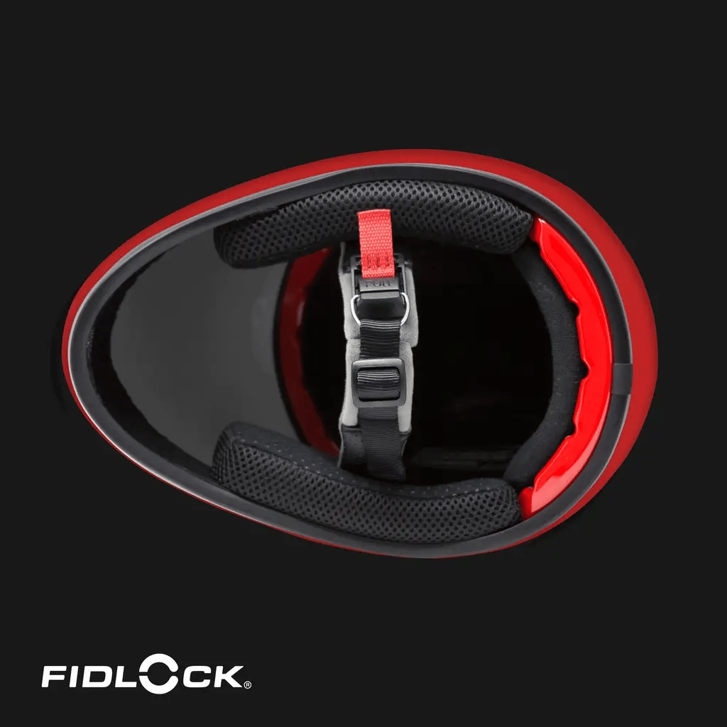 Red DH6-Xe helmet interior with Fidlock buckle and comfortable padding