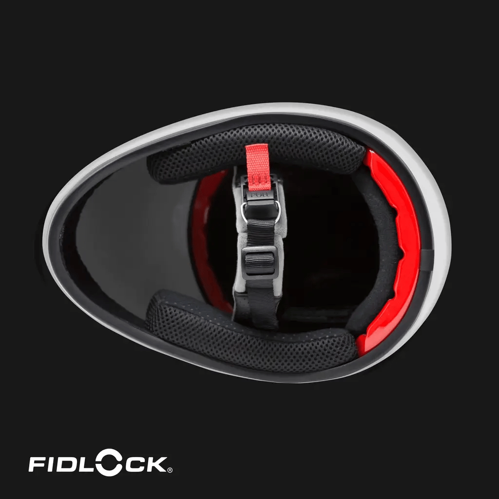 Top view of DH6-Xe helmet interior with red padding and Fidlock buckle.