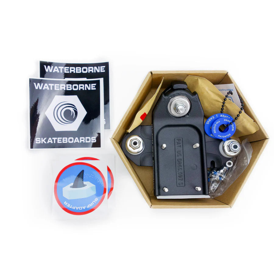 Waterborne Surf Adapter system components in a box with stickers.