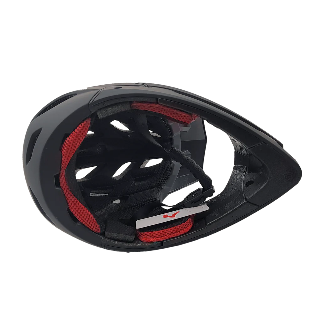 Inside view of matte black Predator RS-X helmet with red comfort padding