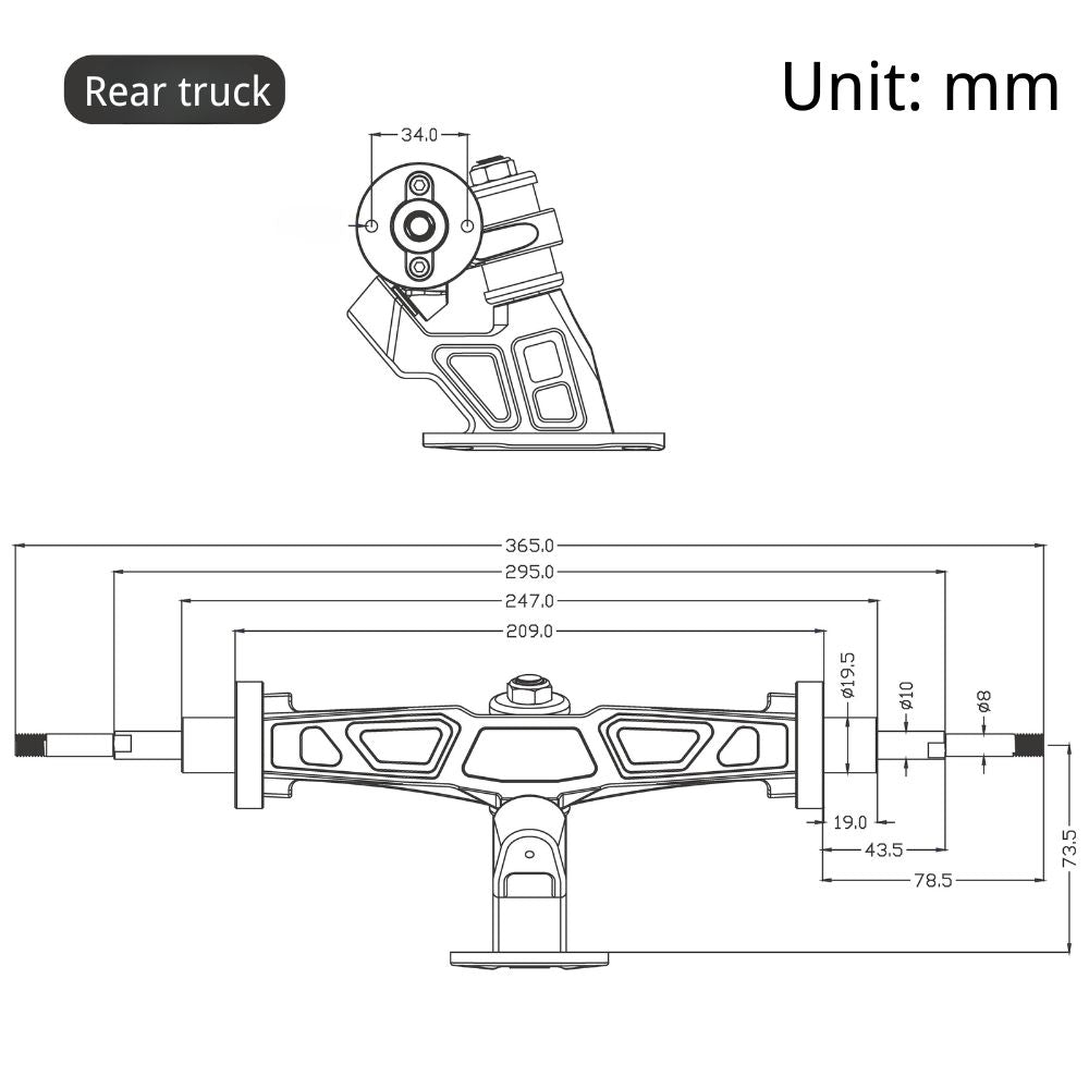 Diagrams of Meepo CNC 10.5'' rear truck for all-terrain skateboard with dimensions