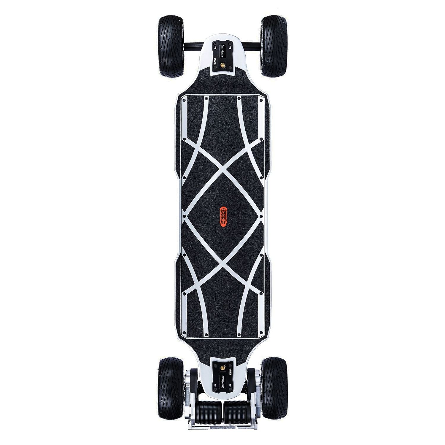 Meepo Vader electric skateboard overhead view with carbon fiber deck and racing wheels.