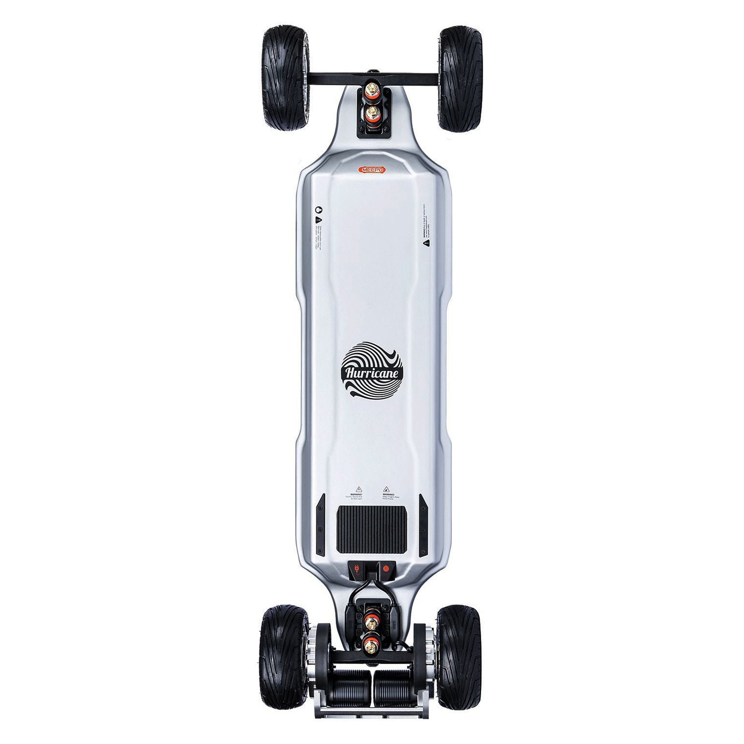 Overhead view of Meepo Vader electric skateboard with carbon fiber deck and racing wheels.