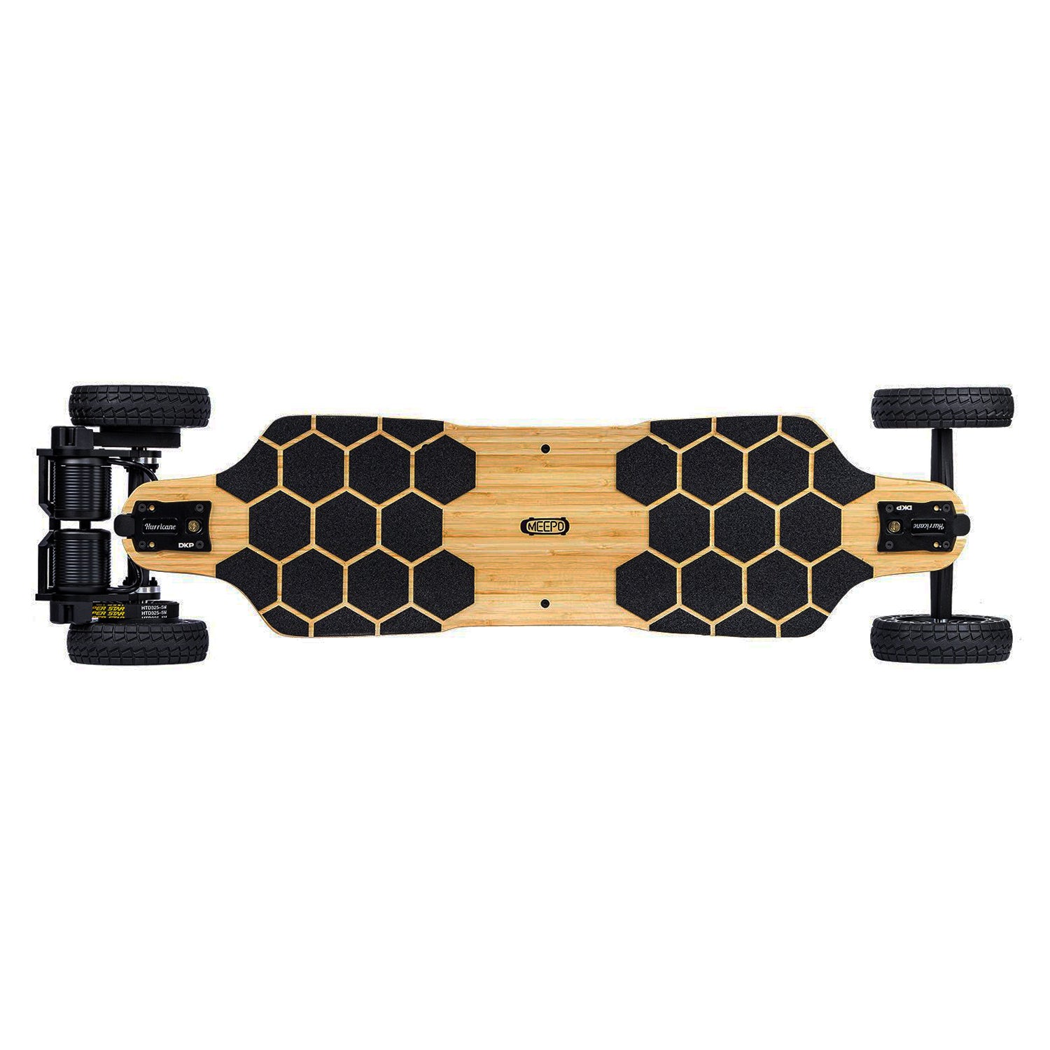 Top view of Meepo Hurricane Bamboo skateboard with honeycomb wheels and bamboo deck.