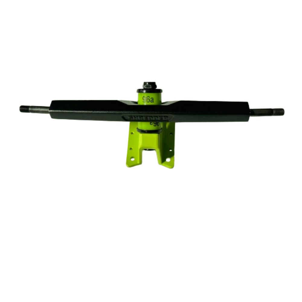 High-performance skateboard truck with black axle and vibrant green support for Meepo boards.