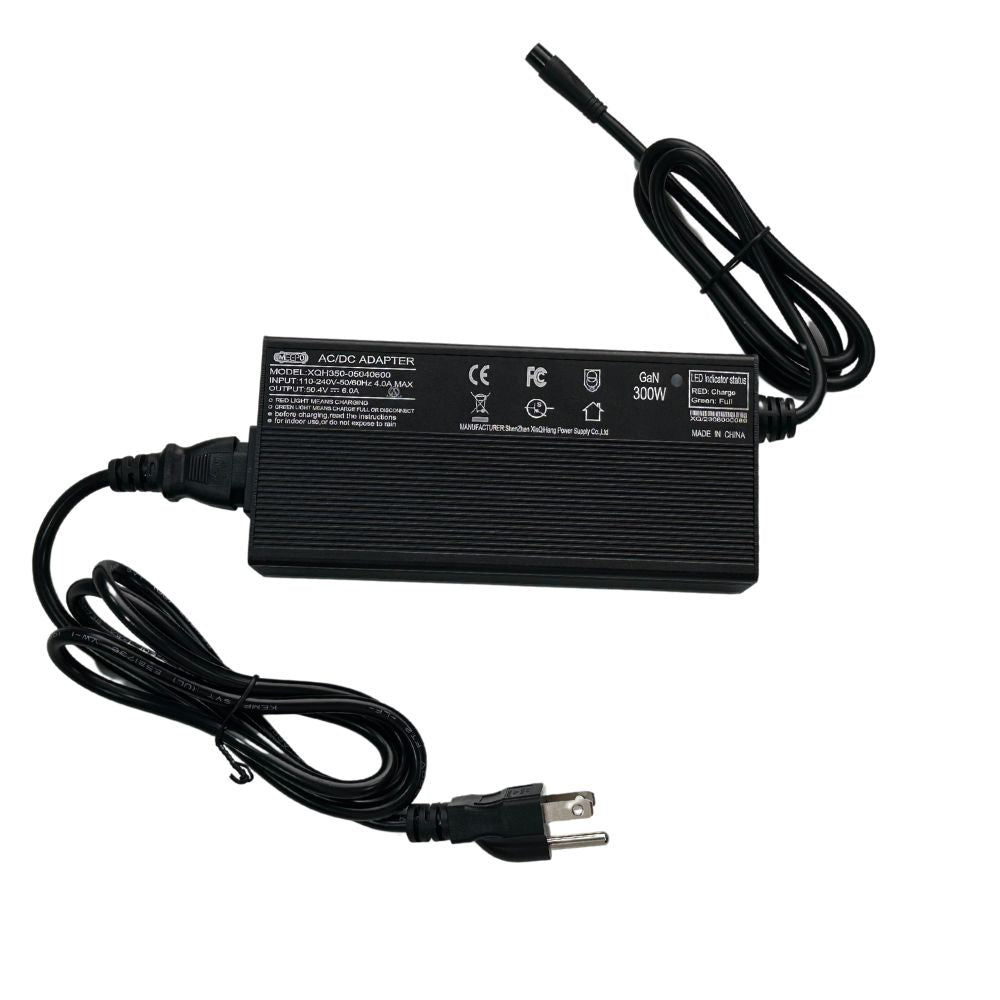 300W charger for Meepo Hurricane Bamboo Pro electric skateboard with power cord.