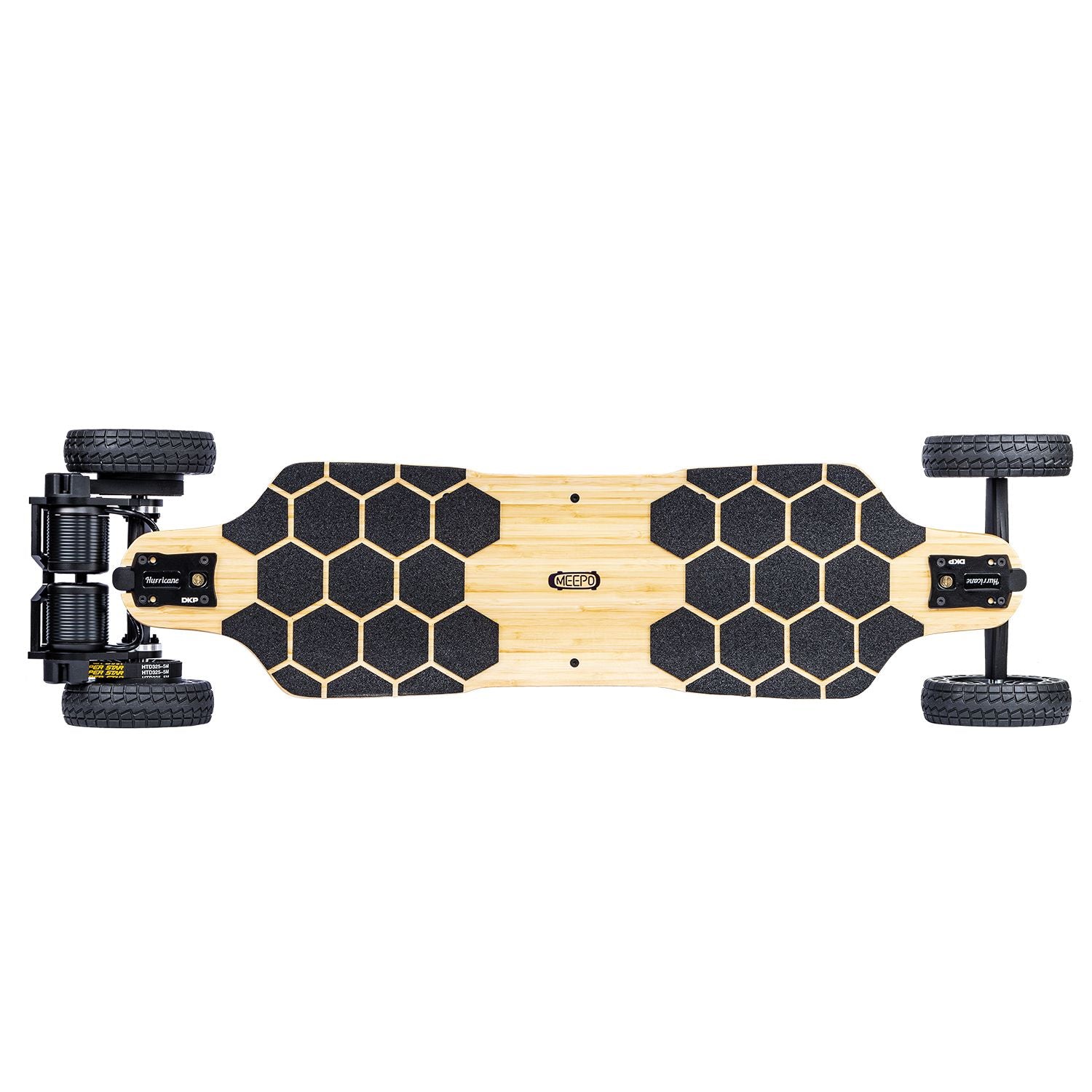 Top view of Meepo refurbished electric skateboard with honeycomb patterned bamboo deck.