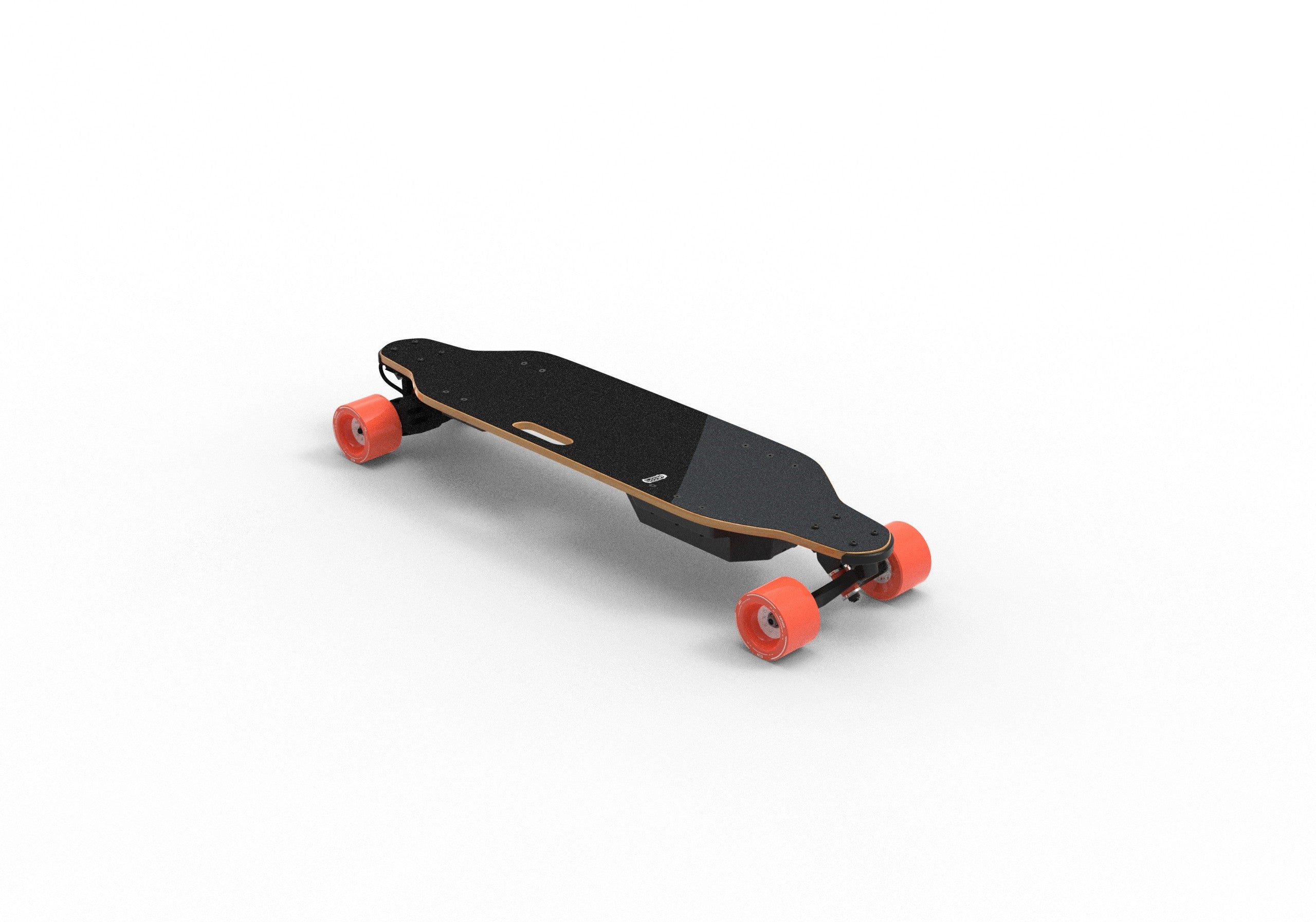Meepo electric skateboard with orange wheels and sleek black deck