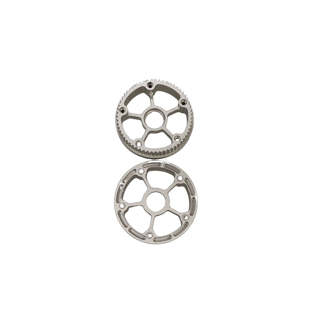 Two silver pulleys for off-road electric skateboard drive systems