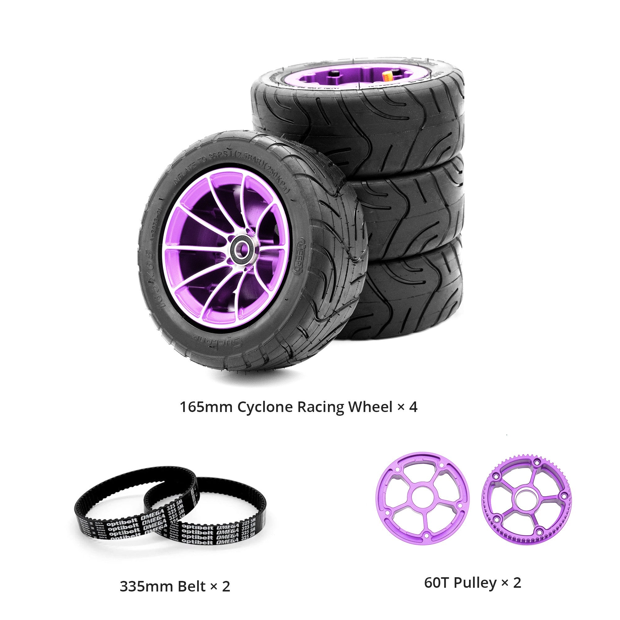 Set of four 165mm Cyclone racing wheels with purple rims and two belts for skateboards
