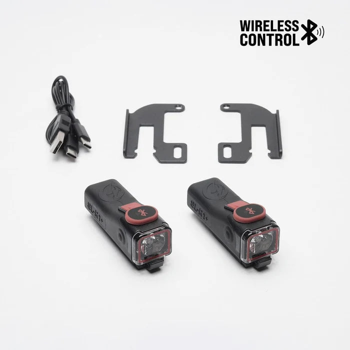 Two SL-R1+ brake lights with mounting brackets and USB-C charging cable, featuring wireless control.