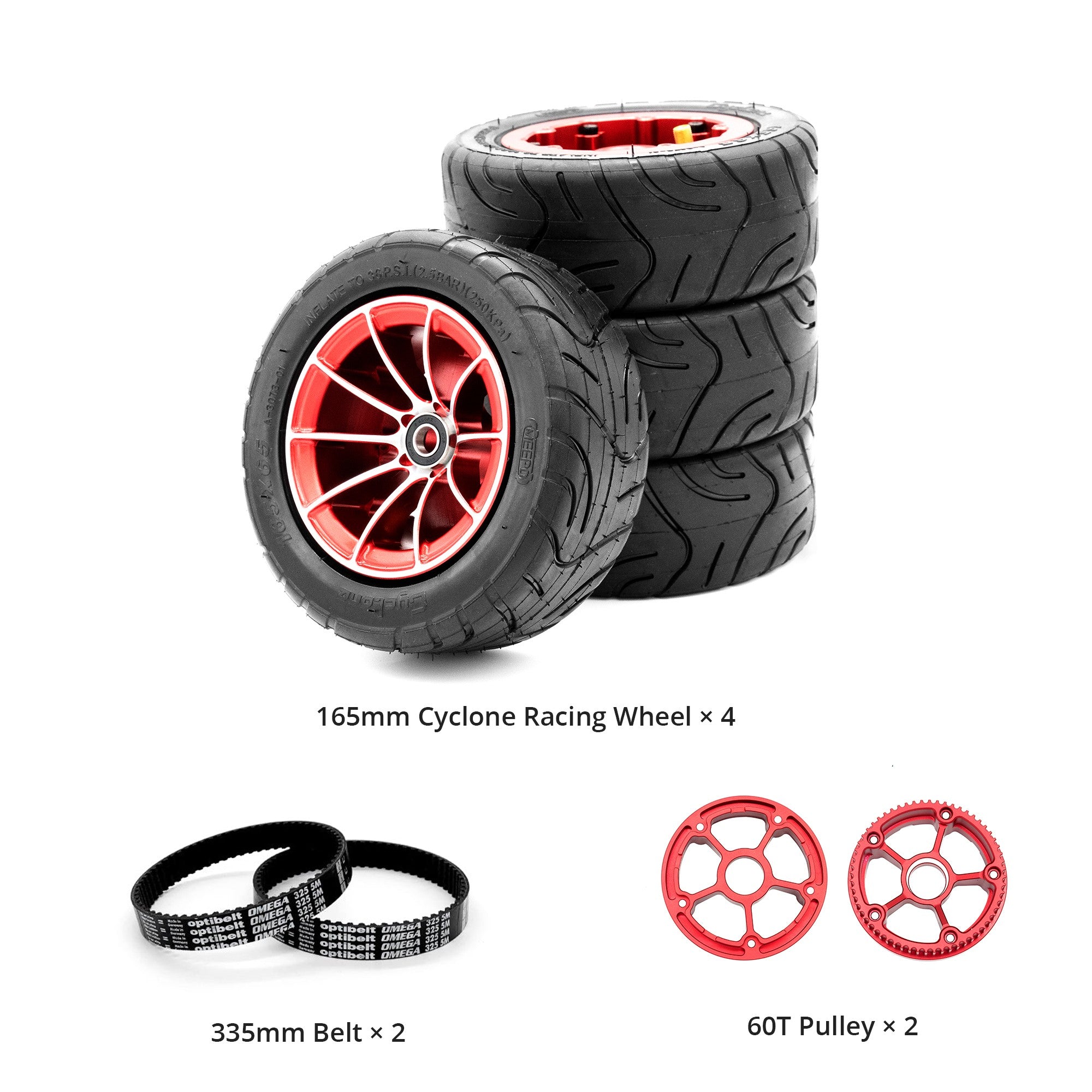 Set of four 165mm Cyclone racing wheels with red rims for electric skateboards