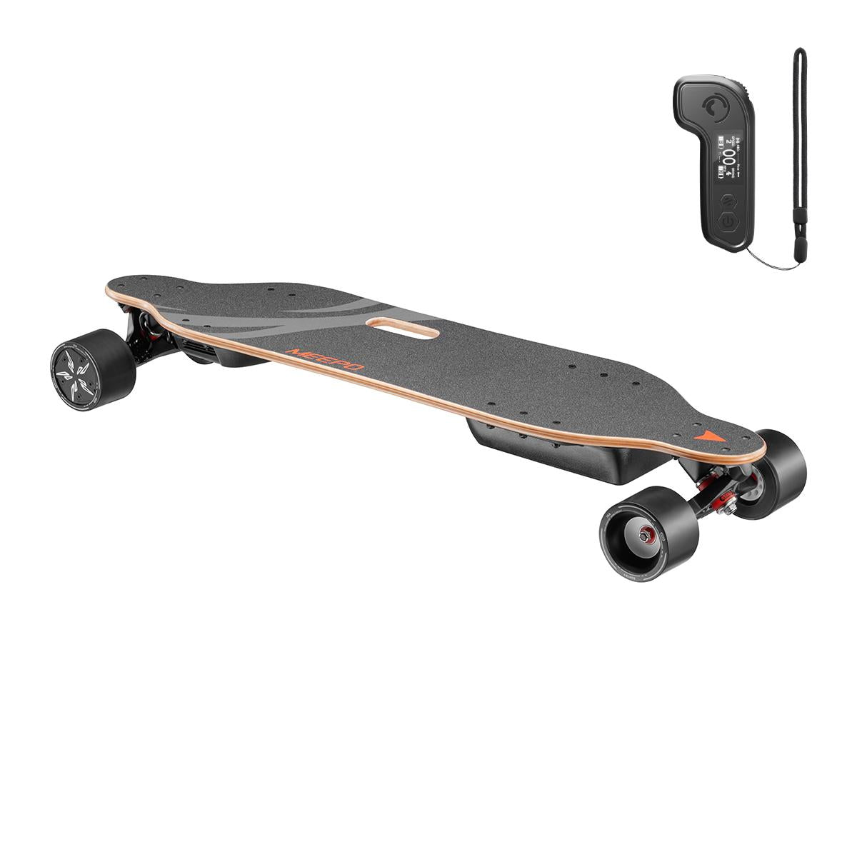 Meepo Super V3S electric skateboard with remote, showcasing its advanced design and features.