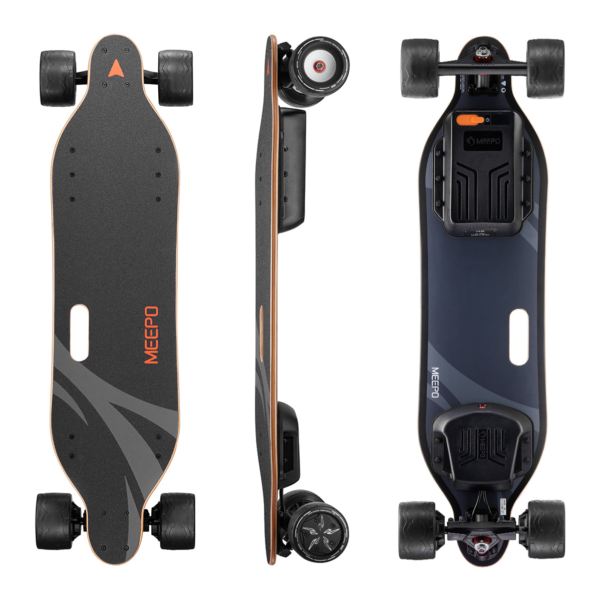 Meepo Super V3S electric skateboard showcasing top and bottom design features.