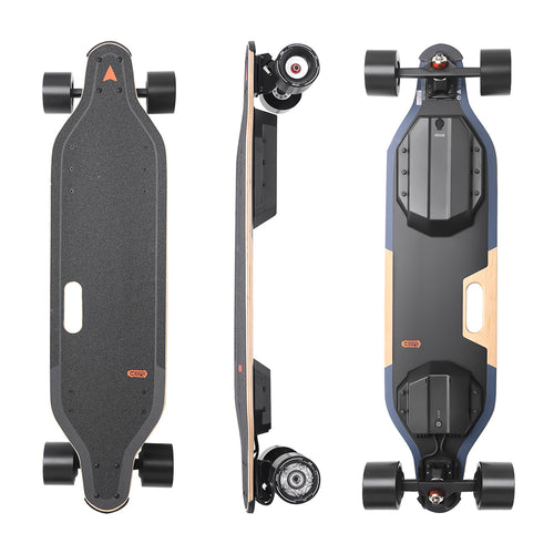 MEEPO V5. This product is an electric longboard featuring a dark grey grip-taped deck with a cutout handle and a small orange "MEEPO" brand tag