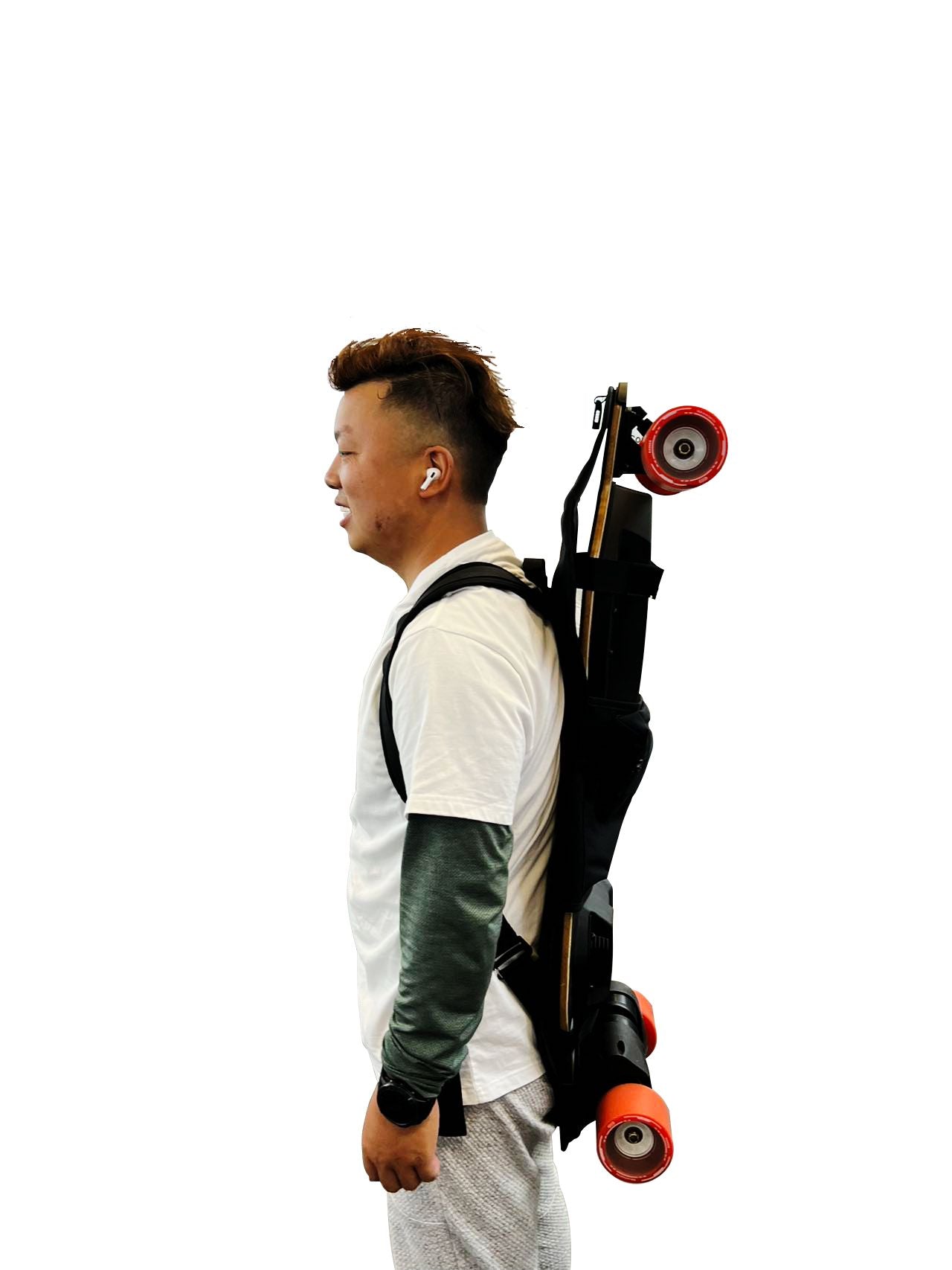 Man wearing a backpack with Meepo electric skateboard attached for easy carrying