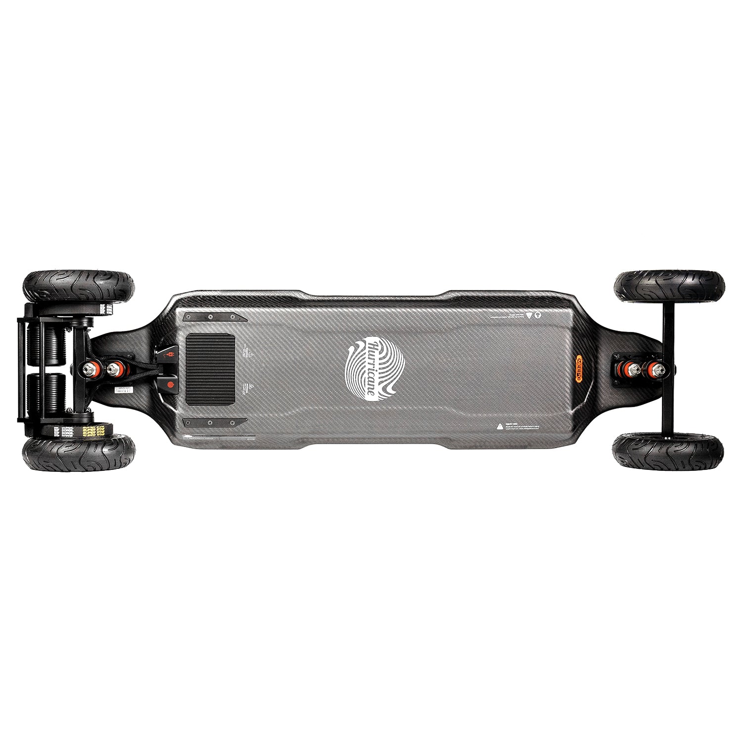 Top view of Meepo refurbished electric skateboard with textured carbon fiber deck