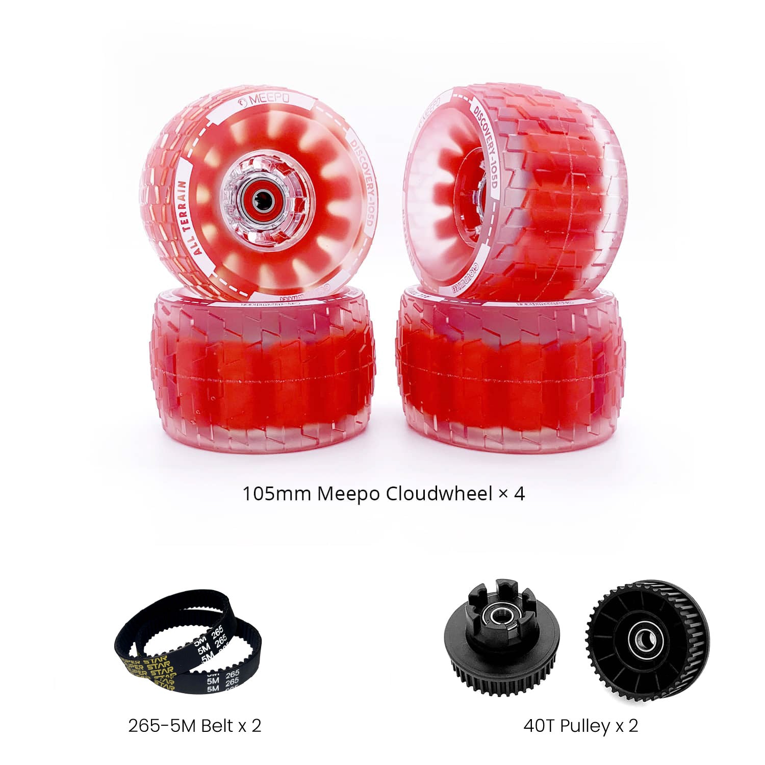 Set of four 105mm red Meepo Cloudwheels with two belts and one pulley.
