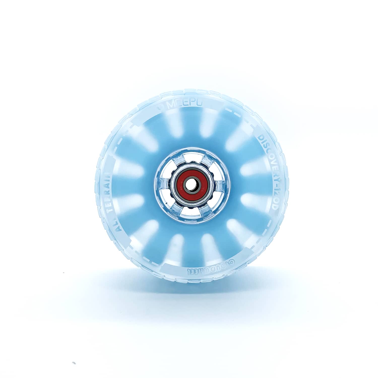 Close-up of blue 120mm Cloudwheel for Meepo skateboards with textured tread