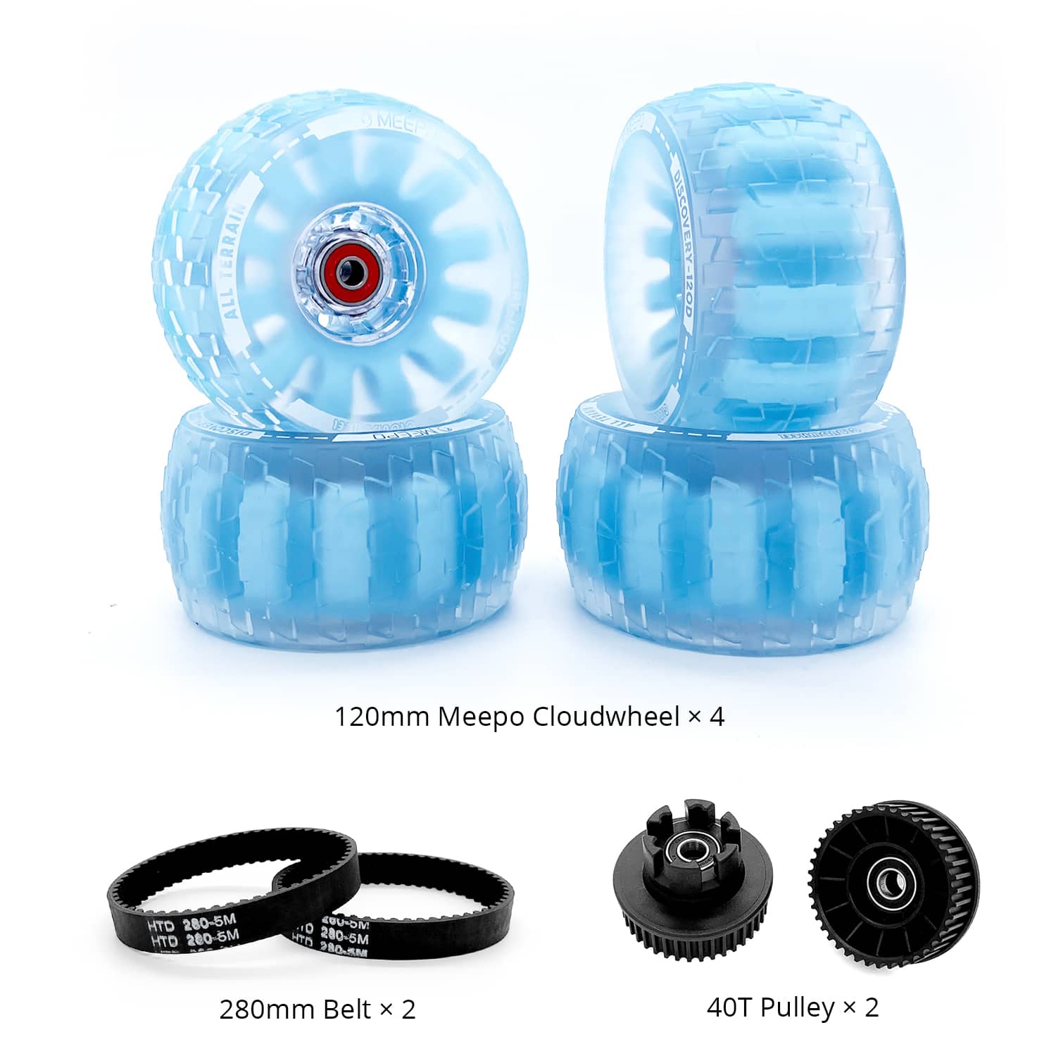 Set of four 120mm blue Cloudwheels with pulleys and belts for Meepo skateboards