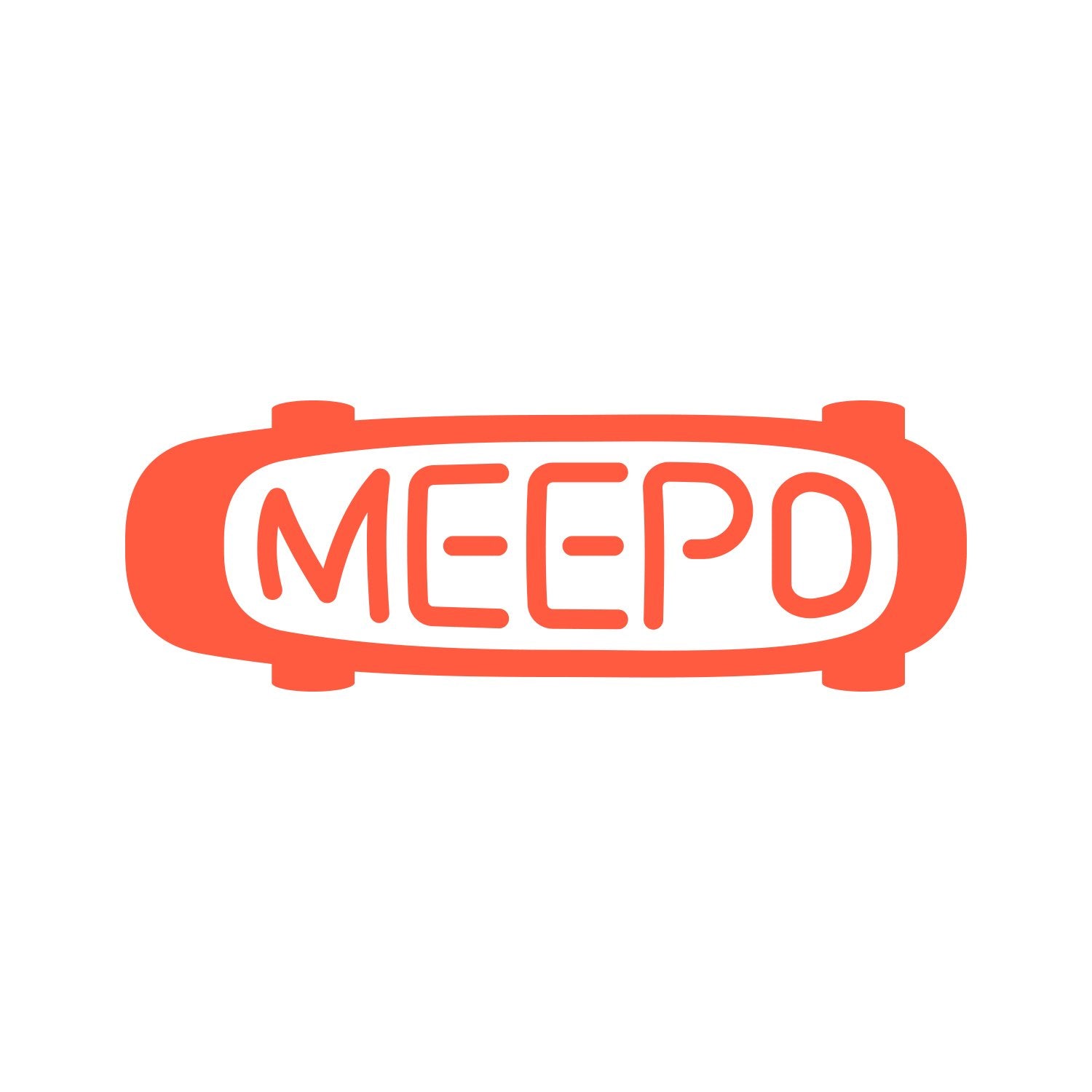 Meepo logo featuring brand name on skateboard shape in orange and white.