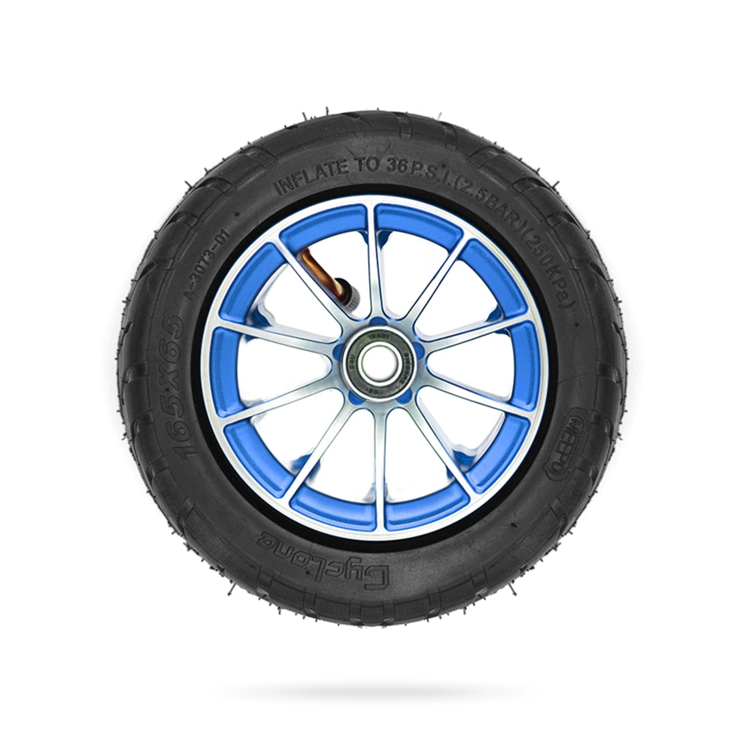 Meepo 165mm racing wheel with blue rim and rubber tread, ideal for electric skateboards.