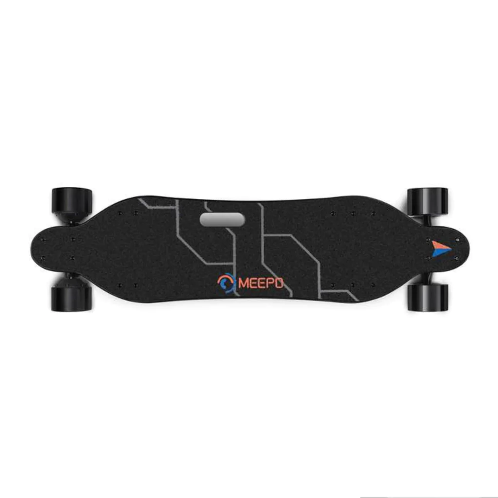 Meepo refurbished electric skateboard with black graphic deck and smooth wheels