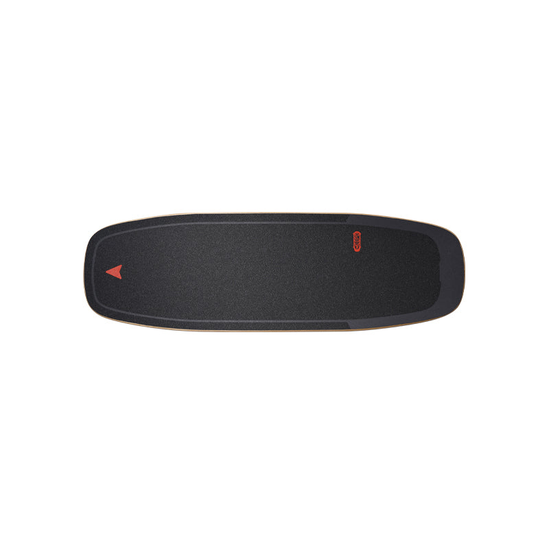 Minimalist black Meepo skateboard deck with textured grip and red accents.