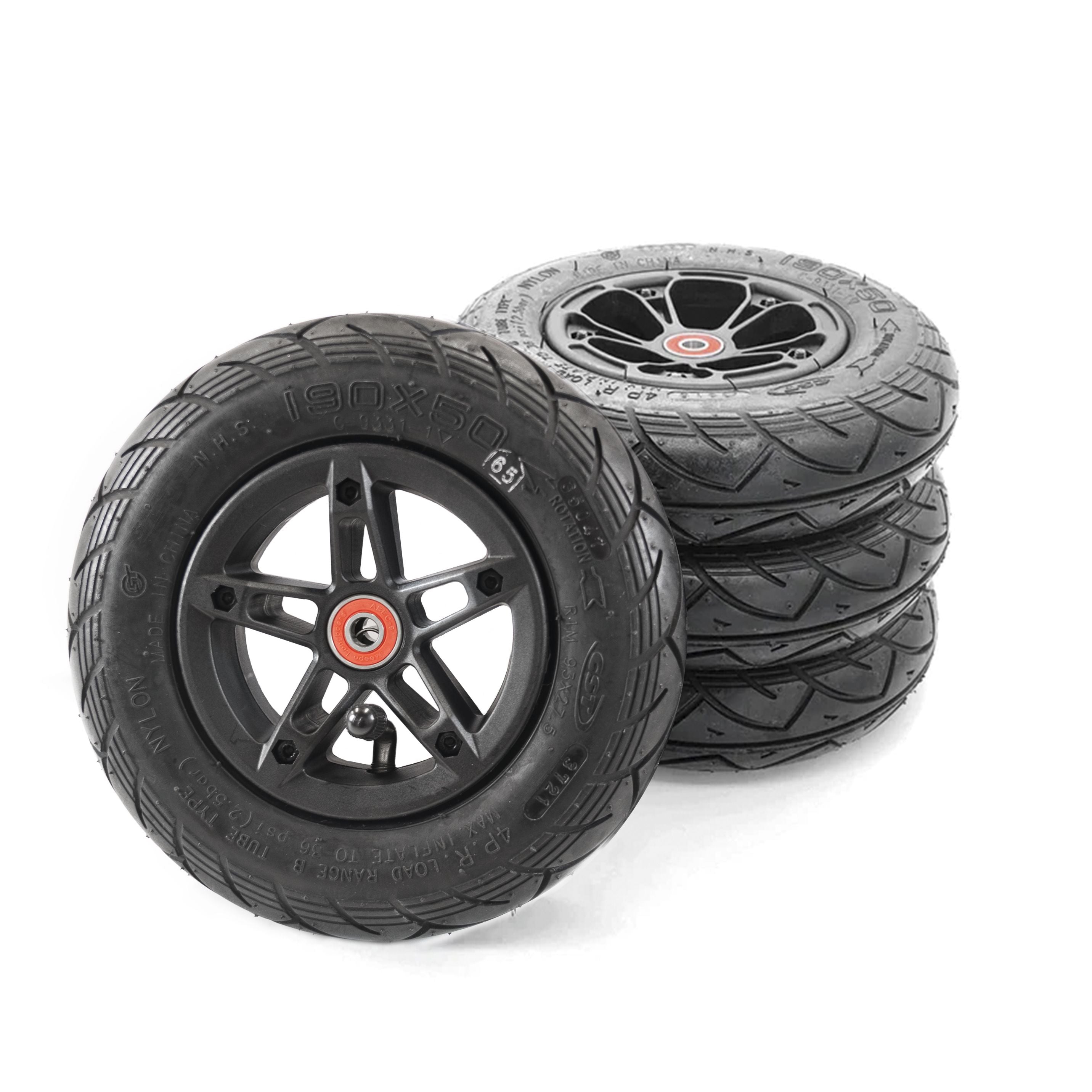 Stack of four 190mm pneumatic tires with black rubber tread for electric skateboards