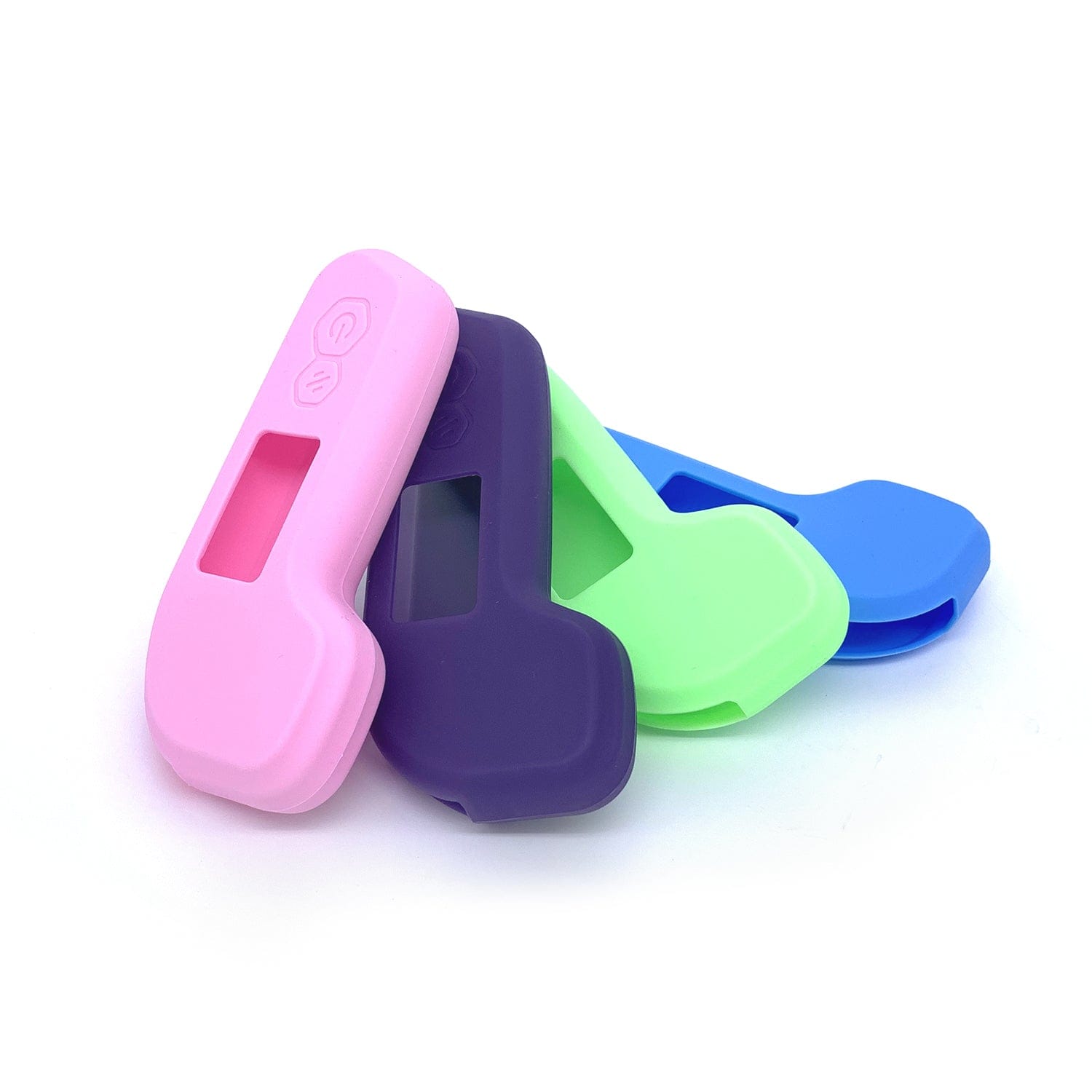 Colorful silicone cases for M4S Remote in pink, green, purple, and blue.