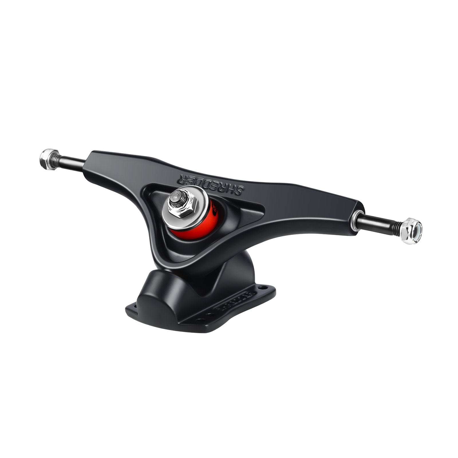 Black skateboard truck with red bushing, designed for stability and performance.