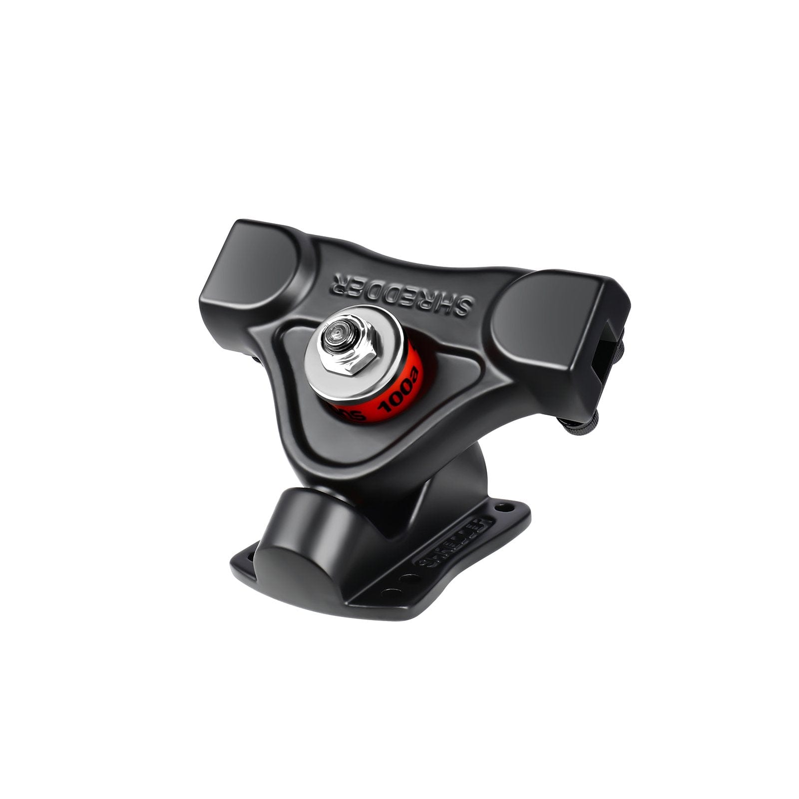 Durable black skateboard truck with red bushing for improved stability.