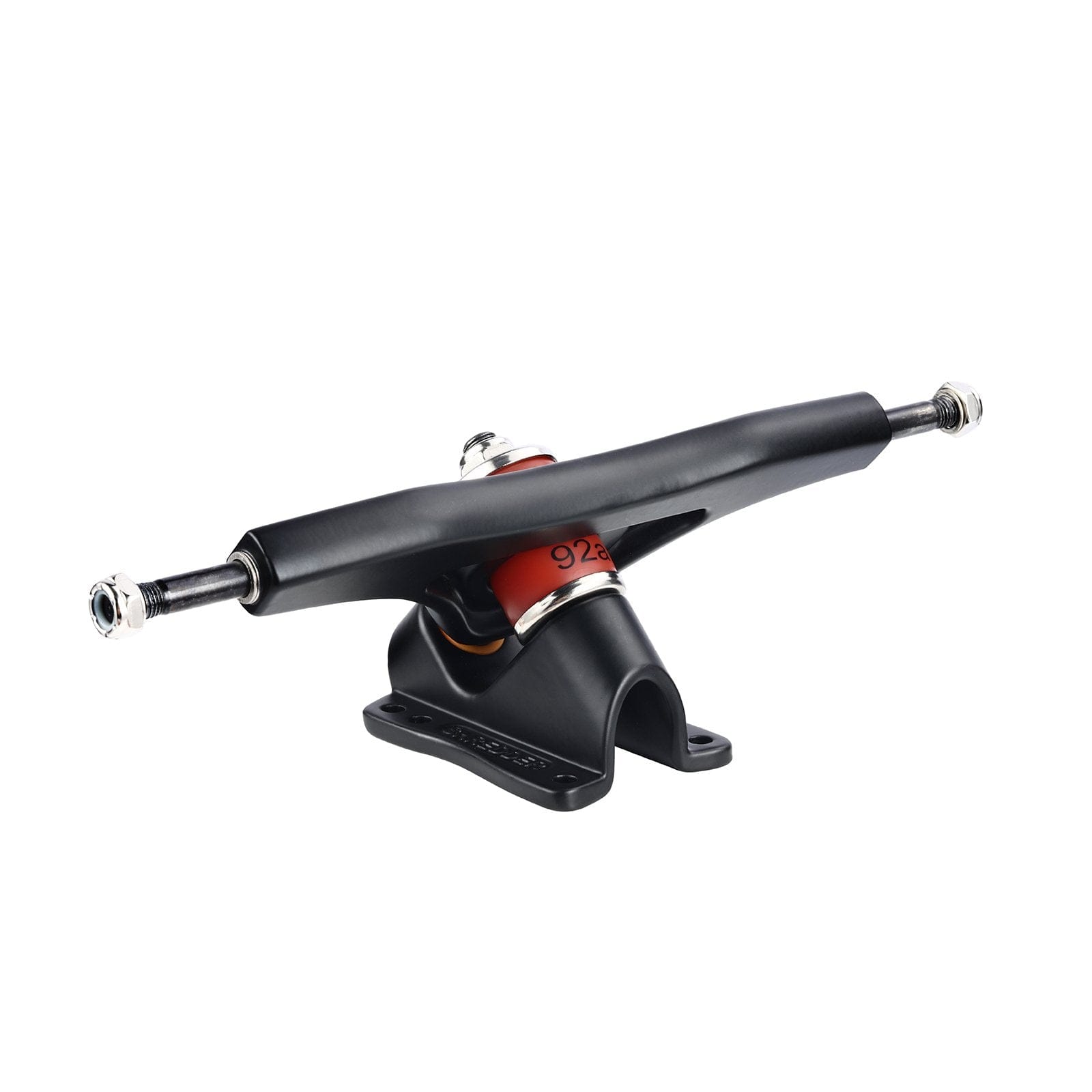 High-performance black skateboard truck with red bushings for enhanced control.
