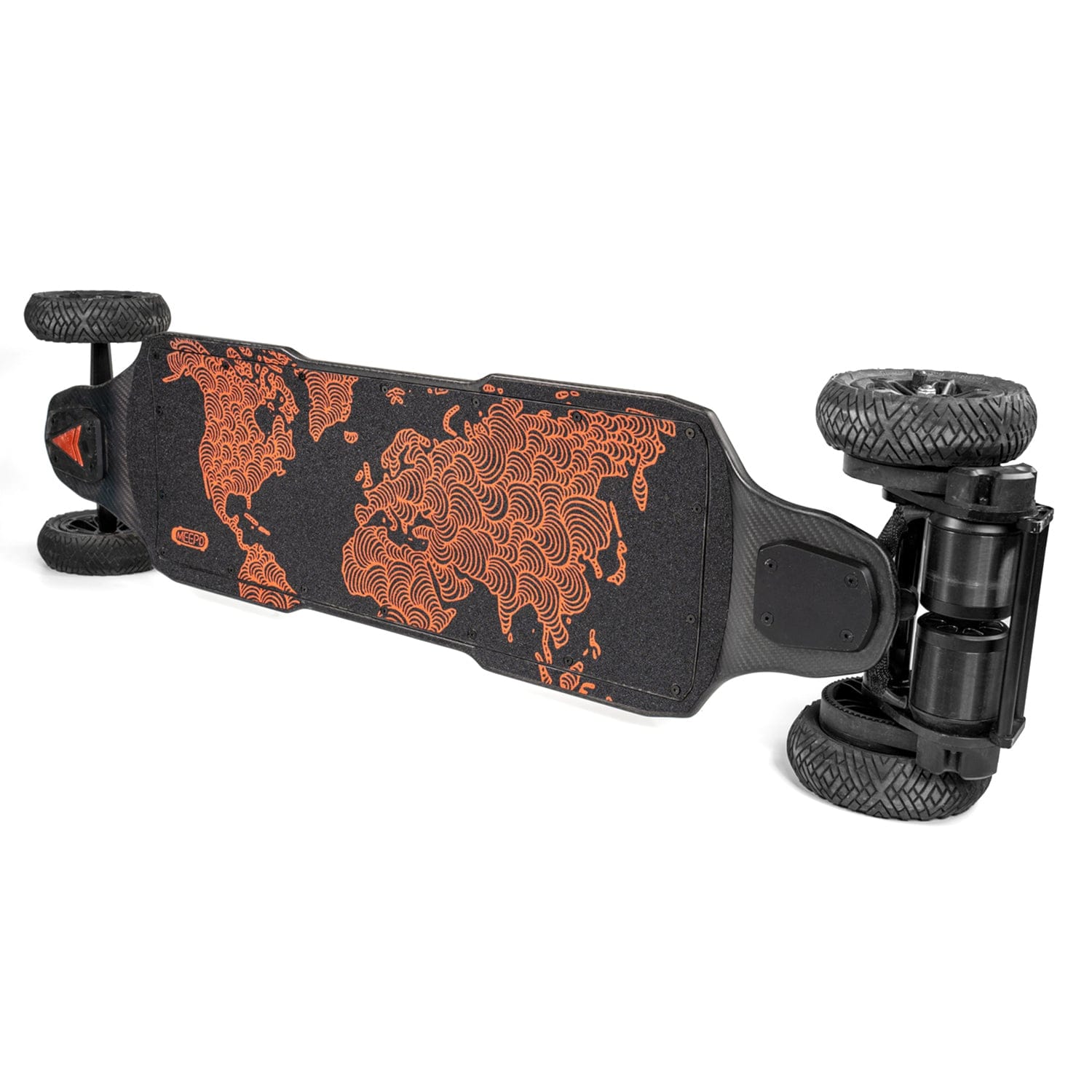 Worldmap grip tape on Meepo Hurricane Series skateboard, featuring textured surface.